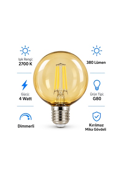G80 Dimmerli Rustik Gün Işığı 2700k Amber Led Ampul Filament E27 Duylu Filamanlı Edison Ampül 1 Ad