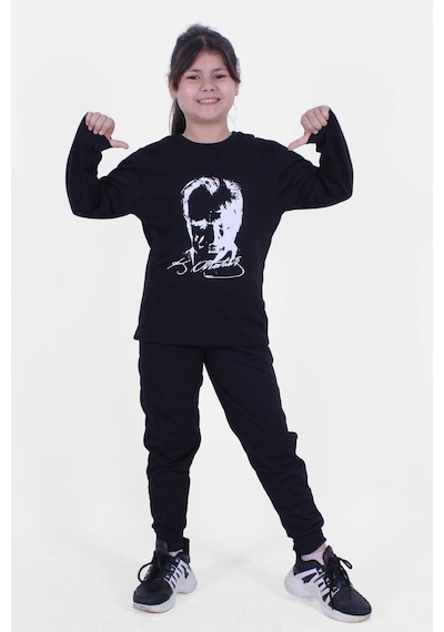 Fyk Kids Atatürk Baskılı Imzalı Uzun Kollu Unisexs Takım Siyah