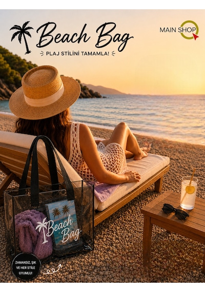 Mainshop Siyah Şeffaf Beach Bag Kadın Plaj Çantası Büyük Hacimli M-plj01