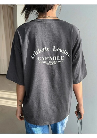 Flood Of Style Kadın Füme Capable Baskılı Bisiket Yaka Tshirt Gri