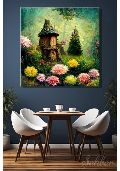 Kare Kanvas Tablo Tekli Ev Kafe Ofis Fairy Tale Little House İn The Forest Ormandaki Masal Evi 2742
