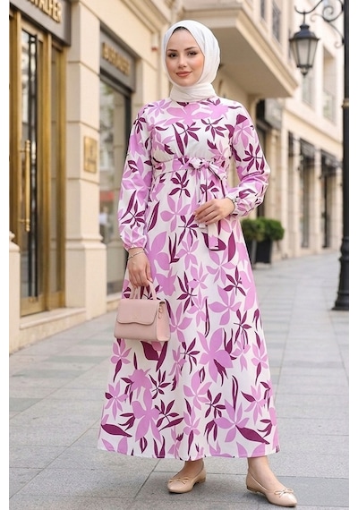 Bestenur Zerya Desenli Keten Elbise 1718 - Pembe