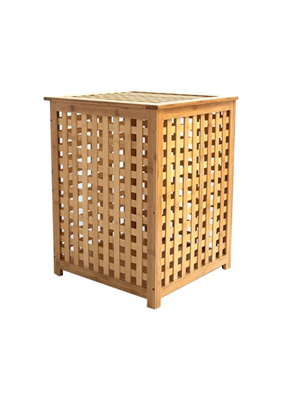 Kalın Ahşap Bambu Kirli Çamaşır Sepeti Kumaş Çantalı Sepet 40x40x58cm 4741 Altın