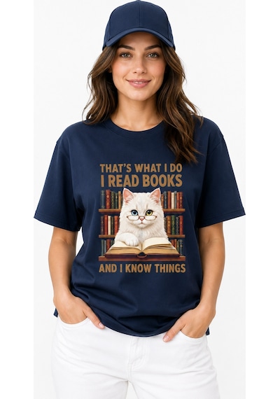Bayloranzzo The Reader Cat %100 Pamuk Heavy Cotton Premium Kalite Kadın Tişört Lacivert