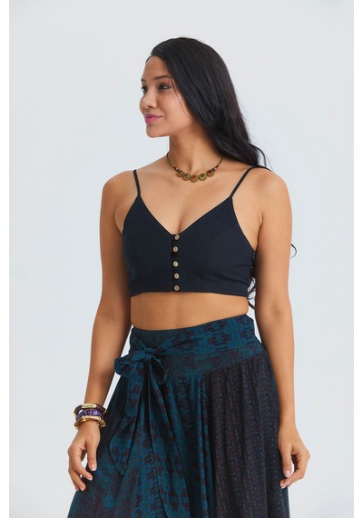 İnce Askılı Düğme Detaylı Crop Bluz Siyah