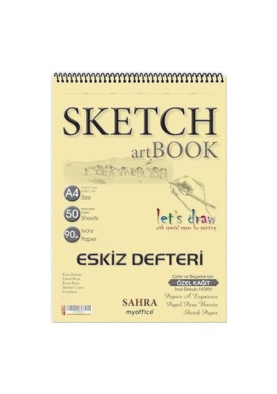 Sahra A4 Spiralli Eskiz Defteri 50 Yaprak, 90 Gr İnce Dokulu Ivory Kağıt Sketchbook, Çizim Ve Boyama Defteri