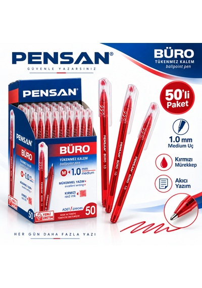 2270 Büro Tükenmez Kalem 1.0 Mm Medium Uç 50'li Paket Renk Seçenekli Kırmızı