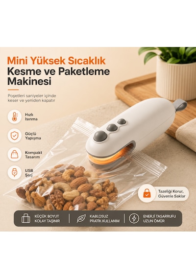 Taşınabilir Mini Poşet Kapatma Ve Kesme Makinesi 2'si 1 Arada Type-c Şarjlı Isı İle Paketleme Cihazı Bej