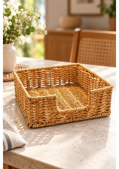Atbyhome Hasır Rattan Kare Peçetelik 18x18x6.5 Cm - Masa Üstü Kolay Çekme Oyuklu Peçete Sunum Sepeti Kahverengi
