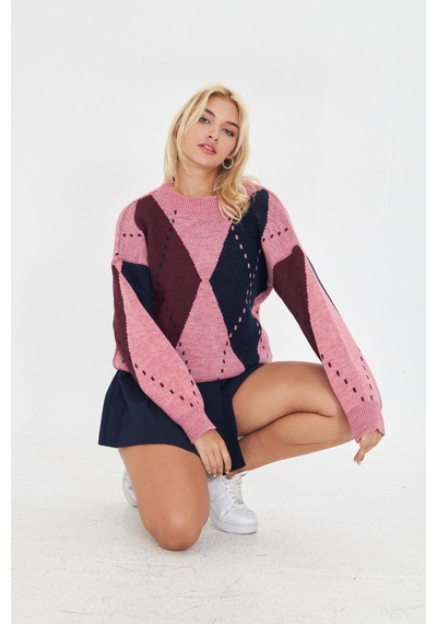 Pudra-bodro-lacivert Baklava Desen Oversize Triko Bordo