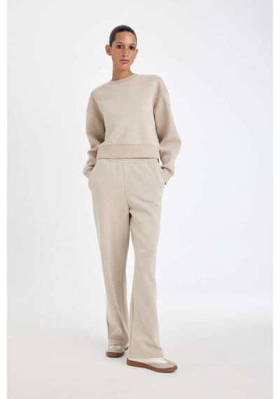 Defacto Boxy Fit Bisiklet Yaka Kalın Basic Düz Sweatshirt B8568AX24WNBG187 Bej