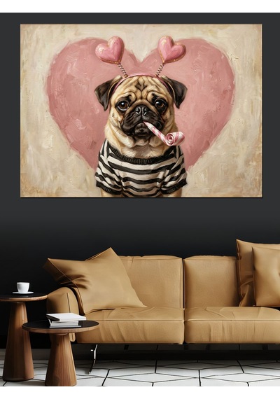 Kalp Balonlu Sevimli Pug Köpeği Dekoratif Kanvas - Mdf Ahşap Tablo
