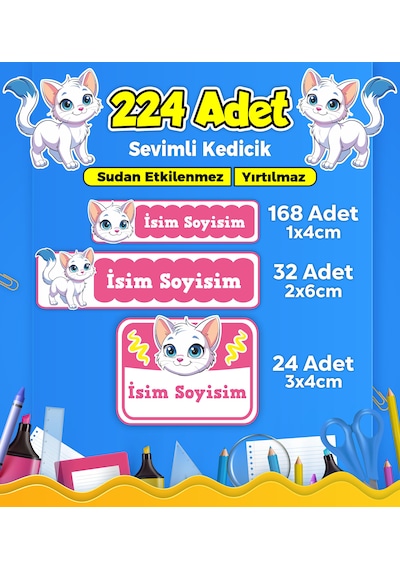 Sevimli Kedi Temalı Okul Kreş Kişiye Özel İsim Etiket Seti - Model 377 Çok Renkli