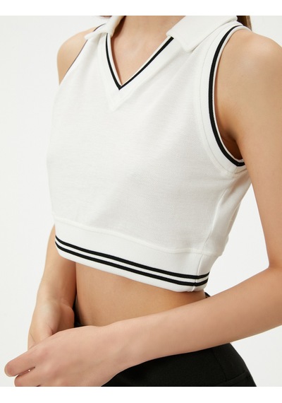 Koton Polo Yaka Crop Üst Kolsuz Çizgili Pamuklu Ekru 4sal30134ık Ekru