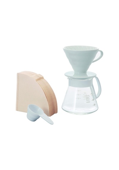 Hario V60 02 Seramik Kahve Demleme Seti Beyaz Açık Ahşap