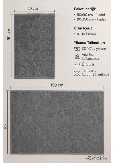 Banyo & Yüz Havlusu Seti %100 Pamuk 90x150 + 50x90 Cm Amorivy Gri