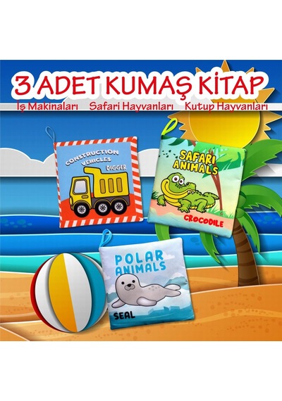 3 Kitap Tox İngilizce İş Makinaları , Safari Ve Kutup Hayvanları Kumaş Sessiz Kitap E118 E125 E130 - Bez Kitap