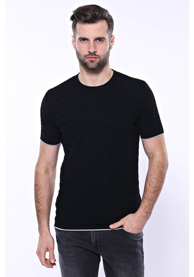 Yake Store Kendinden Desenli Örme Siyah Erkek Bisiklet Yaka T-shirt - Wessi - Siyah