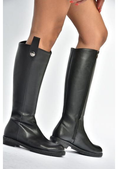 Fox Shoes V965012009 Siyah Düz Tabanlı Klasik Kadın Çizme Siyah-Suni Deri