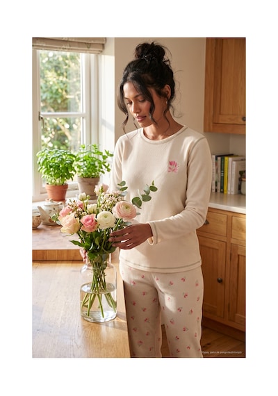 Lela Desenli Yumuşak Dokulu Uzun Kollu Pijama Takımı Kadın Pijama Takımı 6575020 Krem