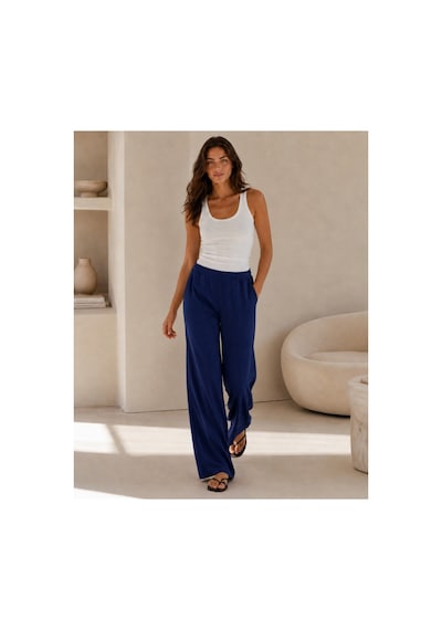 Unika Boutique Kadın Yüksek Bel Lastikli Bol Paça Rahat Pantolon Günlük Alt Giyim Lacivert