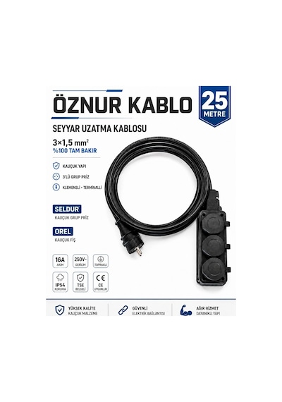 Öznur Kablo Seyyar Uzatma Kablosu 25 Metre Ttr 3x1,5 Mm %100 Tam Bakır Kablo Seldur 3'lü Kauçuk Grup Priz Orel Kauçuk Fiş Ip54 Ip44 25 M