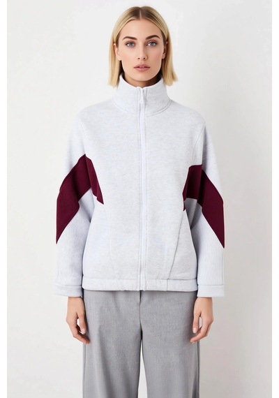 Benerly Kadın Dik Yaka Fermuarlı Düşük Kol Örme Sweatshirt Fonksiyonel Da Bordo