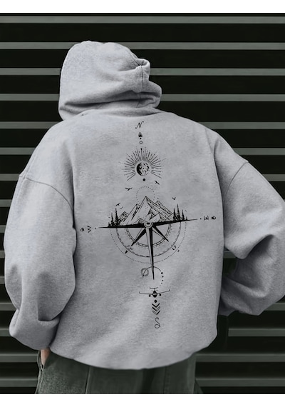Uyguntarz Unisex Yon Gosteren Pusula Baskılı Oversize Sweatshirt Gri