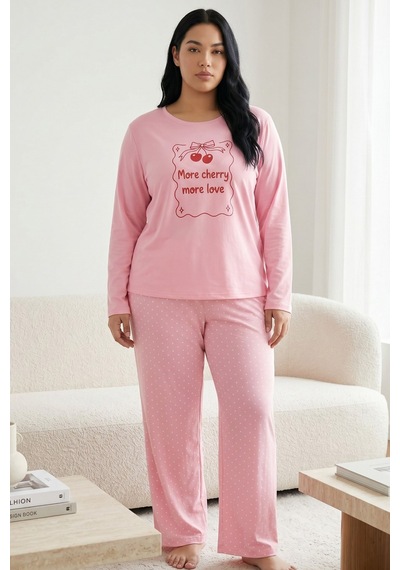 Siyah İnci Pamuklu Likralı Büyük Beden Battal Boy Örme Pijama Takım 26240887 Pembe