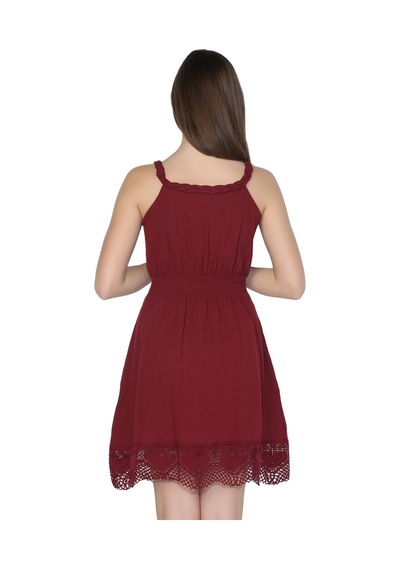 Eliş Şile Bezi Askılı Şile Bezi Örgülü Mini Elbise Bordo Brd Bordo