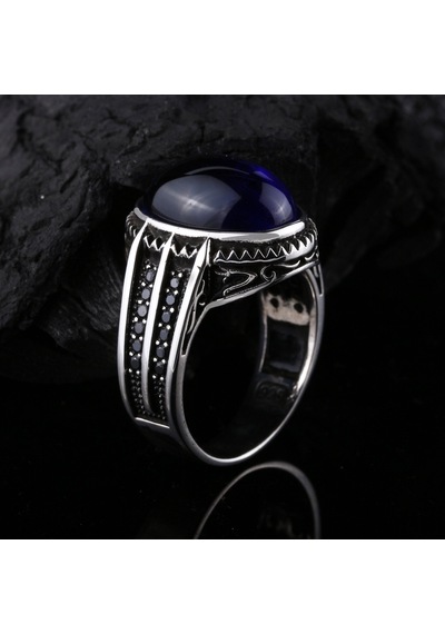 925 Ayar Gümüş Mavi Oval Taşlı Erkek Yüzük Silver