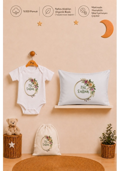 Pia Baby İsimli Kız Bebek Hediye Seti %100 Pamuk Organik Baskılı Body Yastık Kılıfı Ve Ham Bez Bebek Kıyafet Kesesi 1094byk2x Ekru