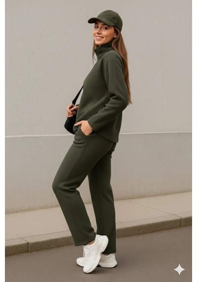 Defymoda Kadın Balıkçı Yaka Fermuar Detay Polar Sweat Ve Pantolon Ikili Takım Haki