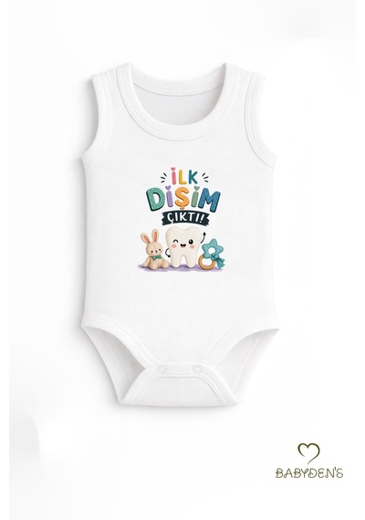 Babyden's Diş Buğdayı Body %100 Pamuk İlk Dişim Çıktı Baskılı Kolsuz Bebek Body Çıtçıtlı Unisex Yenidoğan Zıbın Beyaz