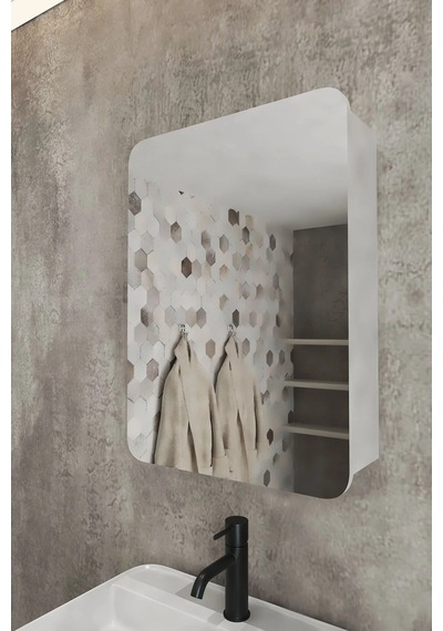 Oval Kapaklı %100 Mdf Aynalı Banyo Dolabı Üstü 70x50 Üst Dolap Beyaz