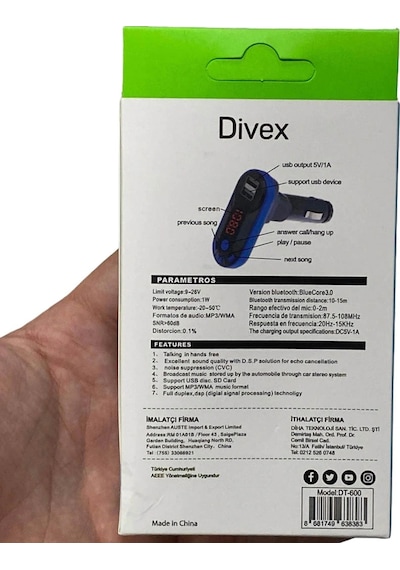 Divex Kumandalı Çakmaklık Girişli Araç Fm Transmitter Bluetooth 2xusb - Sd Kart Mavi Dt-600