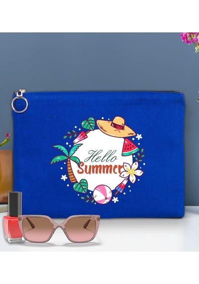 Bk Gift Yaz Temalı-4 Astarlı Mavi Portföy Çanta 30x21cm, Baskılı El Çantası, Organizer Çanta