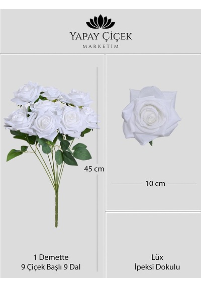 Beyaz Yapay Açmış Gül Demeti 9 Dallı Lüx İpeksi Dokulu 45 Cm