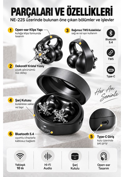 Ne-22s Tws Kablosuz Bluetooth 5.4 Open-ear Klips Küpeli Bayan Kulaklığı - Siyah