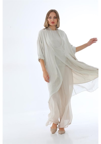 Bohem Stil Italyan Ipek Detaylı Oversize Kap Bluz- Wes Pantolon Takım-8789 Bej