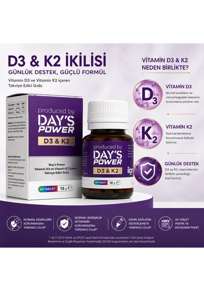 Day's Power D3 & K2 Vitamin Kompleksi 60 Tablet Bağışıklık Ve Kemik Desteği