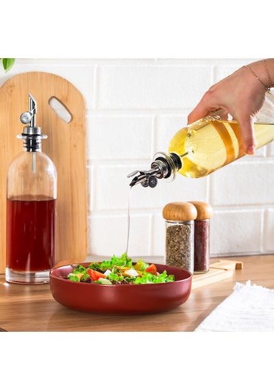 Porsima 3890-1 Gümüş Sızdırmaz Kapaklı Cam 2 Li Yağlık Sirkelik Yağdanlık Seti 500+500 Ml Şeffaf- Gümüş