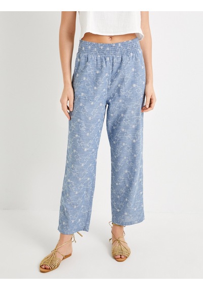 Koton Culotte Pantolon Beli Lastikli Cep Detaylı Çiçek İşlemeli Mavi 4sak40156pw Mavi