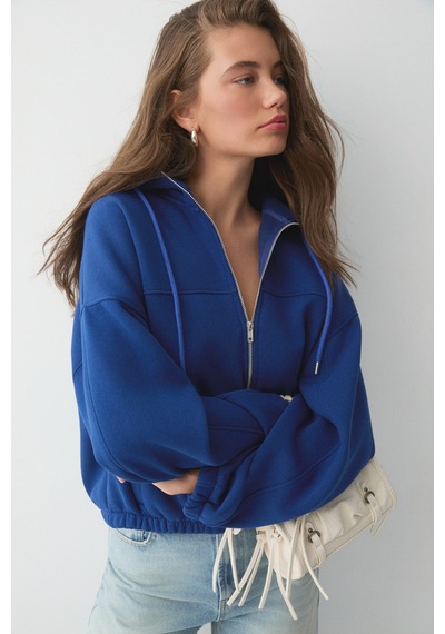 ETHIQUET VA IT Kadın Çift Cepli Eteği Ve Kol Ucu astikli Fermuarlı Oversize Saks Mavi Sweatshirt