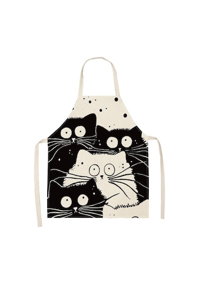 Valkyrie Siyah Beyaz Kedi Desenli Mutfak Önlüğü Cepli Unisex Mutfak Pişirme Temizlik Servis Önlüğü Siyah - Beyaz