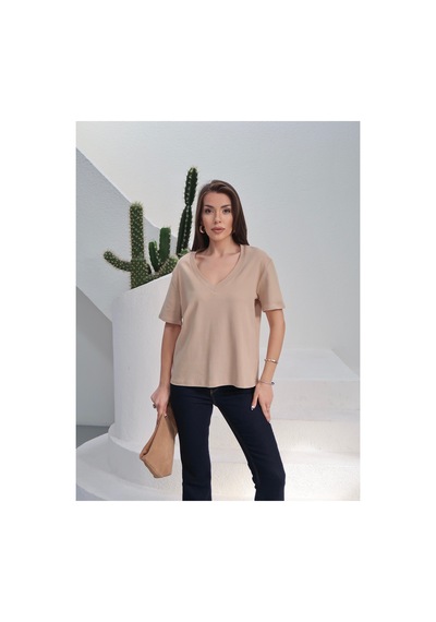 Paw Garage Kadın Massi İnterlok Kumaş V Yaka Oversize T-shirt Bej