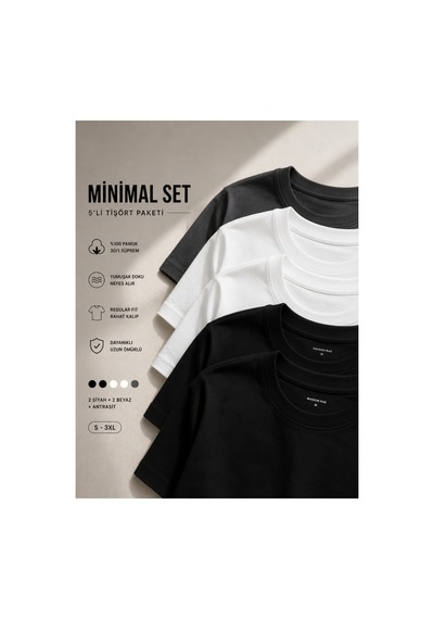 Masion Rae Erkek 5'li Basic Tişört Seti Regular Fit Bisiklet Yaka %100 Pamuk 30/1 Süprem Siyah-siyah-beyaz-beyaz-antrasit