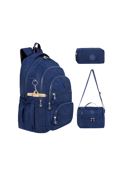 3 Lü Set Krinkıl Kumaş Çanta + Termal Beslenme Çantası + Kalemlik, Maymun Anahtarlık Hediyeli Lacivert