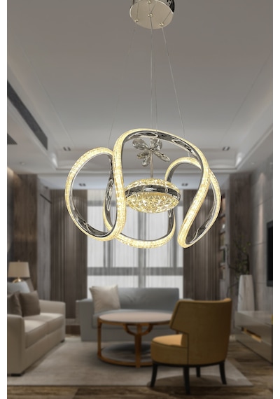 Dünya Eliza Simli Slikonlu Tek Toplu Modern Oturma Led Avizesi - Kumandalı / Krom Krom