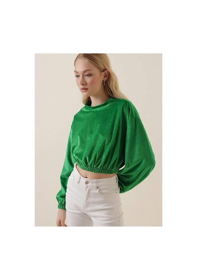 Ckm Moda Amy Kadife Crop Bluz Yeşil